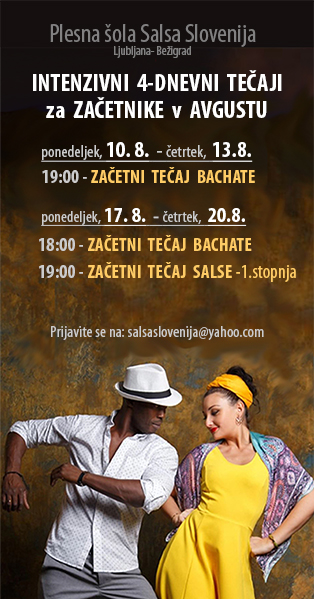 poletni začetni tečaj salse v Ljubljani,  začetni tečaj bachate, par na začetnem tečaju salse, salsa za začetnike, plesni tečaji julija, bachata